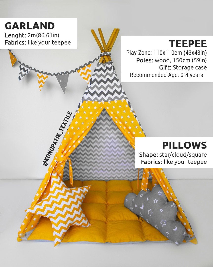 Teepee for kids from cotton white, teepee tent for playing, tipi enfant, childrens teepee, playhouse