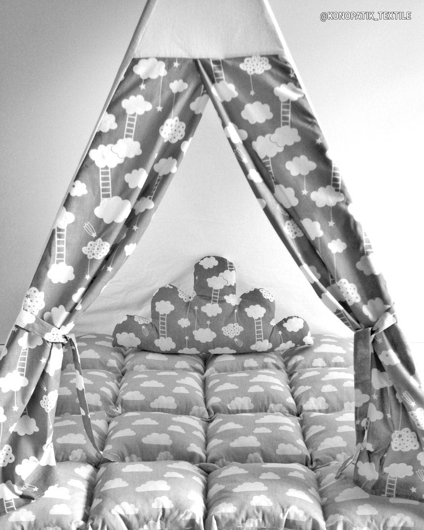 Teepee for kids from cotton gray stars clouds, teepee tent for playing, tipi enfant, childrens teepee, playhouse