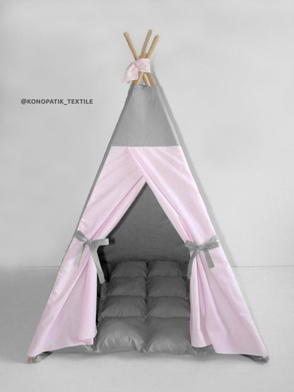 Tipi pour enfants en coton uni rose gris, tente tipi pour jouer, tipi enfant, tipi pour enfants, maisonnette
