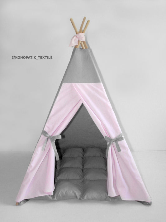 Teepee for kids from cotton plain pink gray, teepee tent for playing, tipi enfant, childrens teepee, playhouse
