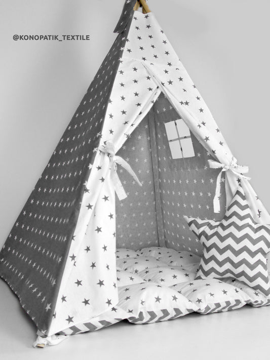 Teepee for kids from cotton gray stars, teepee tent for playing, tipi enfant, childrens teepee, playhouse