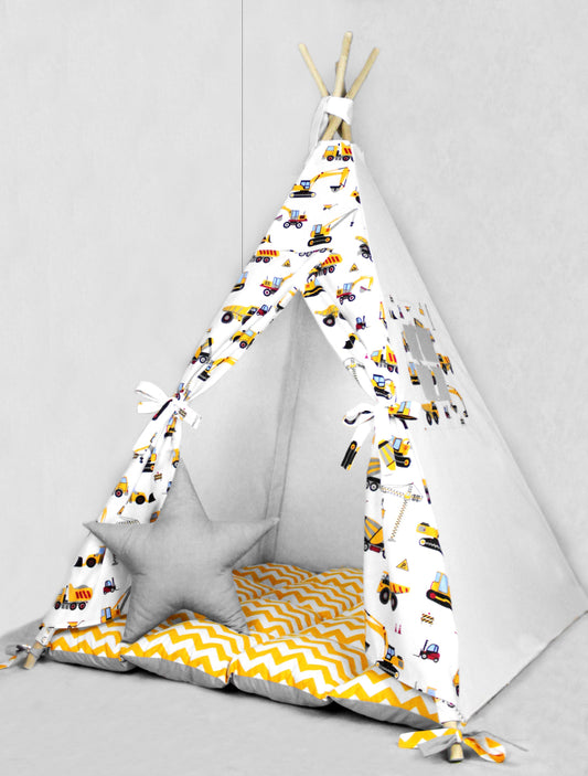 Teepee for kids from cotton construction trucks, teepee tent for playing, tipi enfant, childrens teepee, playhouse