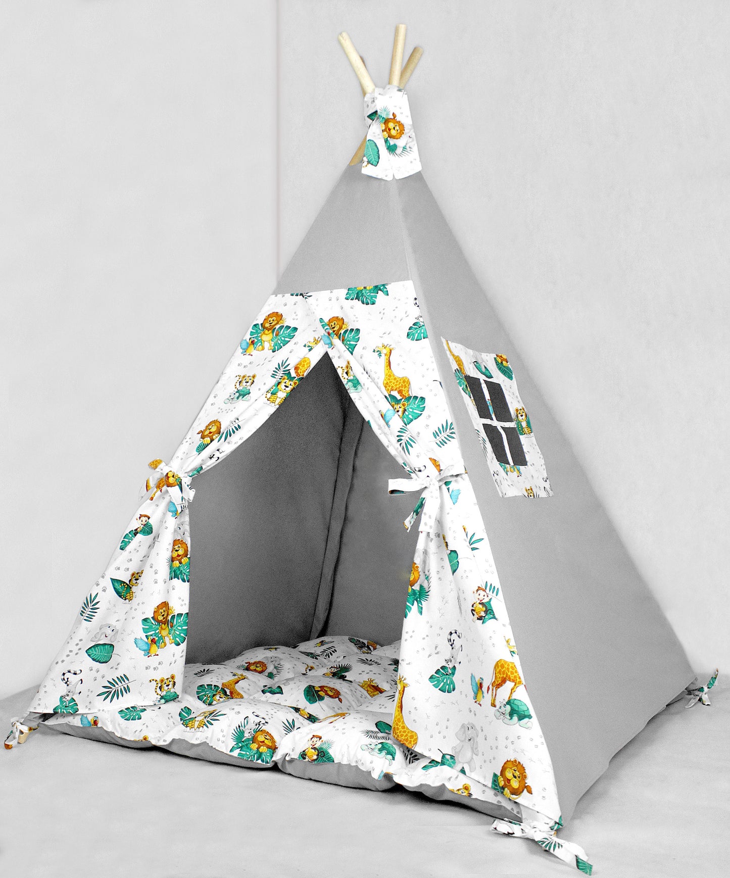 Tipi pour enfants en coton animaux de la jungle gris, tente tipi pour jouer, tipi enfant, tipi pour enfants, maison de jeu