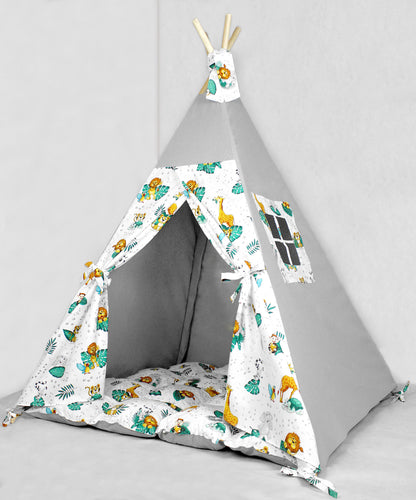 Tipi pour enfants en coton animaux de la jungle gris, tente tipi pour jouer, tipi enfant, tipi pour enfants, maison de jeu
