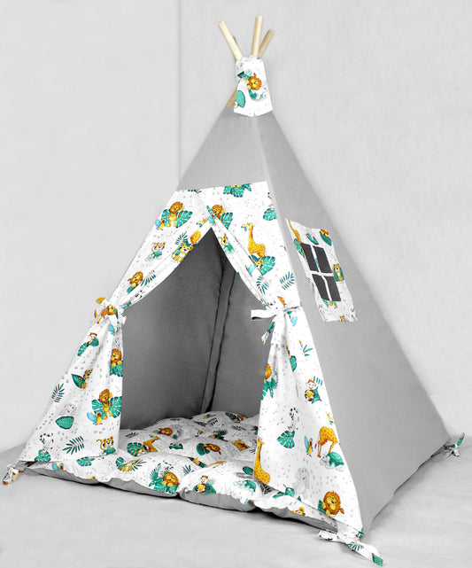 Teepee for kids from cotton jungle animals gray, teepee tent for playing, tipi enfant, childrens teepee, playhouse
