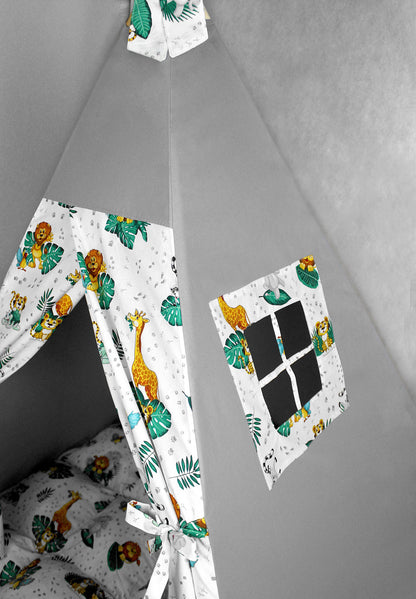 Tipi pour enfants en coton animaux de la jungle gris, tente tipi pour jouer, tipi enfant, tipi pour enfants, maison de jeu