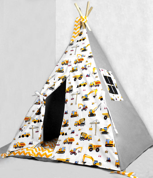 Teepee for kids from cotton construction trucks gray, teepee tent for playing, tipi enfant, childrens teepee, playhouse
