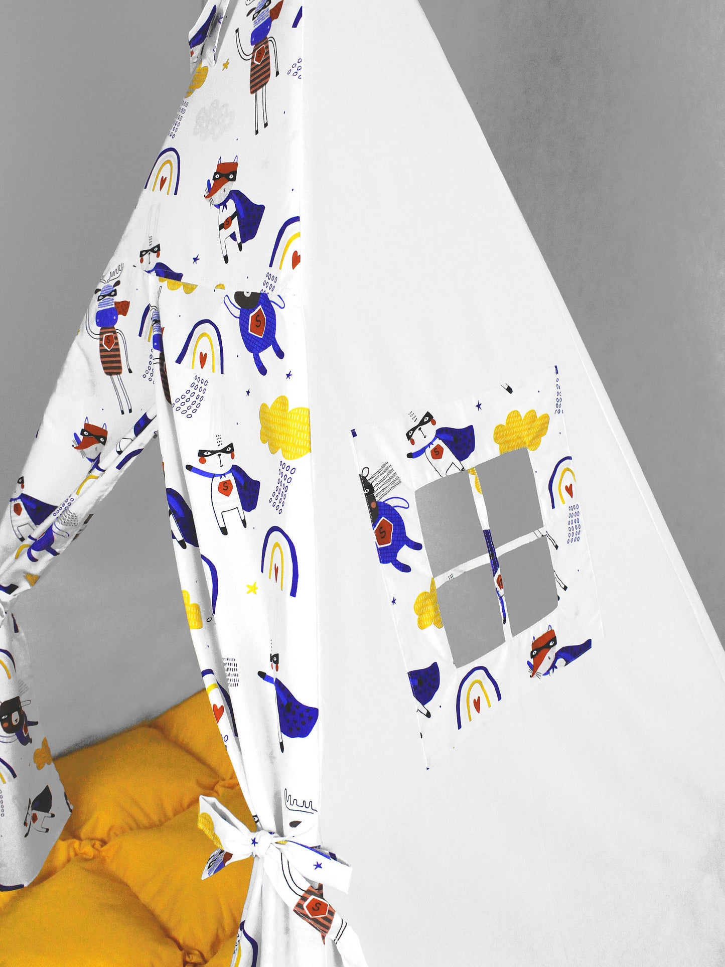 Teepee for kids from cotton animals super hero yellow, teepee tent for playing, tipi enfant, childrens teepee, playhouse