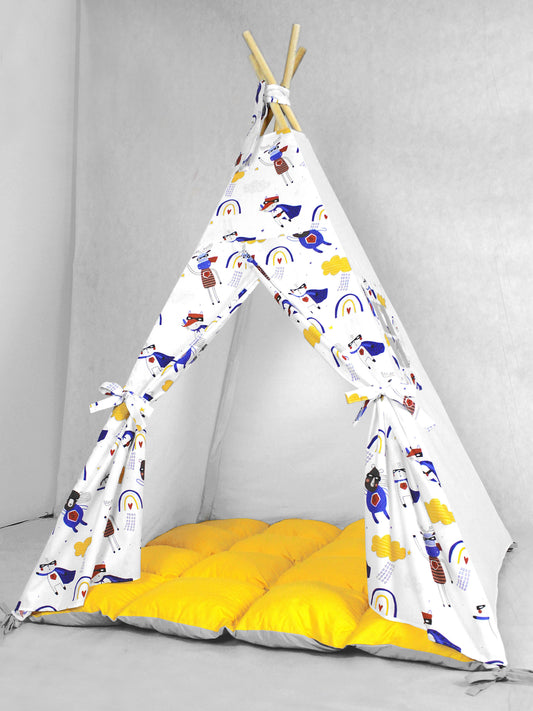 Teepee for kids from cotton animals super hero yellow, teepee tent for playing, tipi enfant, childrens teepee, playhouse