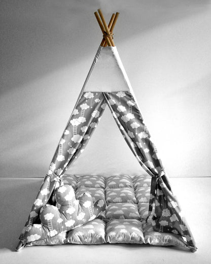 Teepee for kids from cotton gray stars clouds, teepee tent for playing, tipi enfant, childrens teepee, playhouse