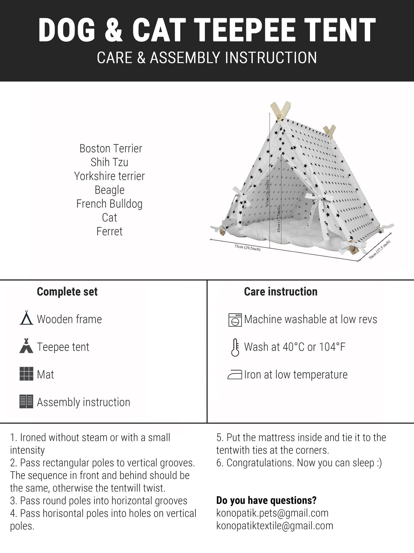 Pet House Grey Stars Black Mat, Dog Bed, Cat Bed, Pet Bed, Dog Tipi, Dog House, Rabbit House, Cat Tipi, Pet Tipi