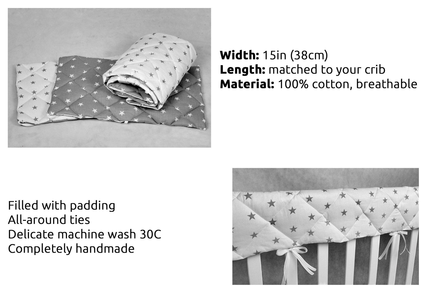 Cotton rail covers for crib Gray Stars, teething guard made of cotton, crib teething rail, teething rail protector, wide crib rail guard