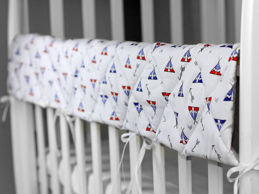 Cotton rail covers for crib blue teepees, teething guard made of cotton, crib teething rail, teething rail protector, wide crib rail guard