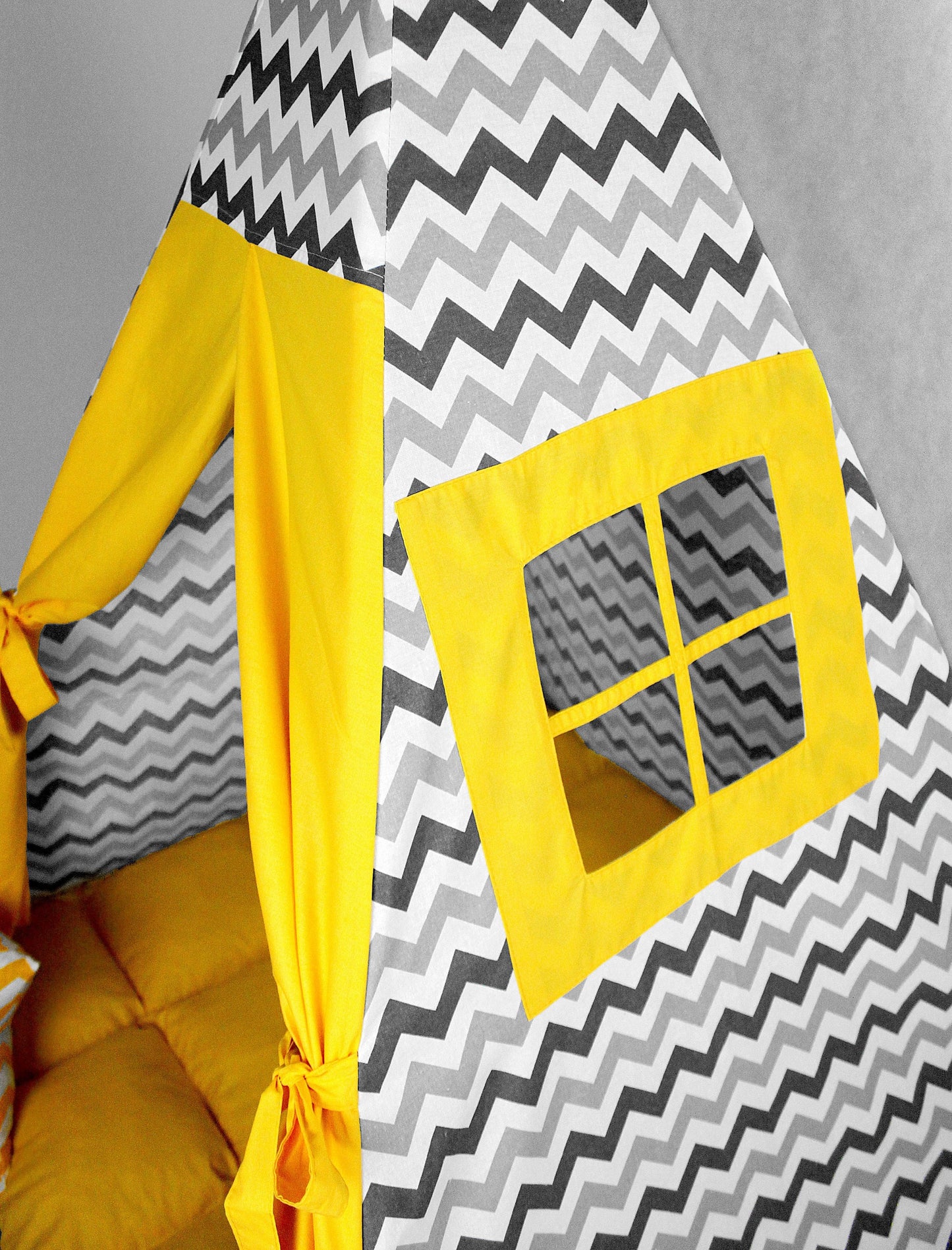 Teepee for kids from cotton yellow gray chevron, teepee tent for playing, tipi enfant, childrens teepee, playhouse